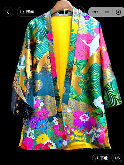 彩色牡丹花鹤纹彩花软缎长袖外袍