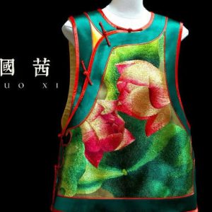 綠色手繡紅色牡丹花綠邊馬甲 | Green Red Hand-Embroidered Peony Vest