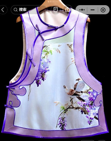 藍底手繡荷花綠邊馬甲 | Hand-Embroidered Lotus Vest
