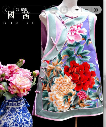 手绣彩色牡丹花灰蓝边中款马甲