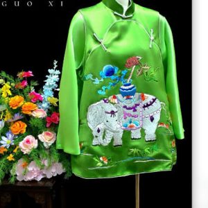綠色暗紋金色龍紋彩花長袍 | Green Gold Dragon Motif Colorful Floral Hand-Embroidered Robe