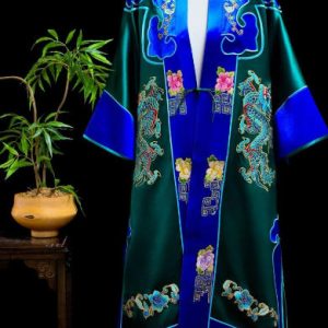 綠色軟緞手繡龍紋藍邊長款外袍 | Green Soft Satin Hand-Embroidered Dragon Motif Outer Robe
