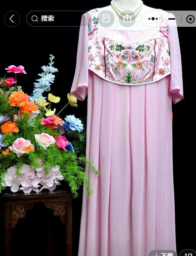 粉色手繡鴛鴦花齐胸短袖長裙 | Pink Hand-Embroidered Mandarin Ducks Skirt