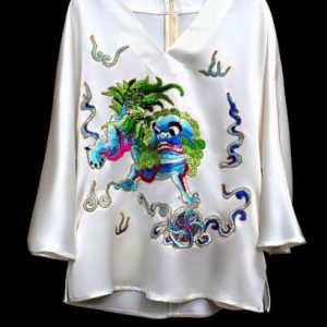 軟緞紅色牡丹花太太服 | Red Soft Satin Peony Hand-Embroidered Formal Top