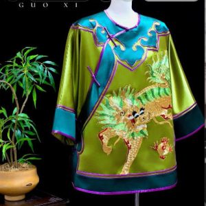 綠色軟緞藍邊手繡麒麟上衣 | Green Soft Satin Hand-Embroidered Qilin Top