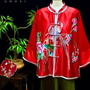 深藍色軟緞彩色鳳凰鳥树外套 | Deep Blue Blue Soft Satin Phoenix Hand-Embroidered Jacket