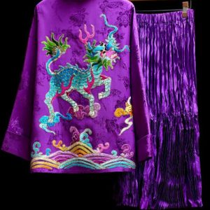 紫色手繡暗花彩色麒麟外衣 | Purple Hand-Embroidered Qilin Subtle Jacquard Jacket