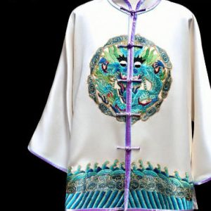 白色軟緞藍色手繡龍紋海浪上衣 | Blue White Soft Satin Hand-Embroidered Dragon Motif Jacket
