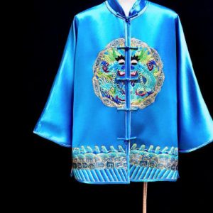 藍色軟緞手繡龍紋海浪上衣 | Blue Soft Satin Hand-Embroidered Dragon Motif Jacket