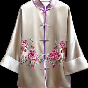 黑色軟緞手繡銀色獅子紅花上衣 | Black Silver Soft Satin Hand-Embroidered Lion Jacket