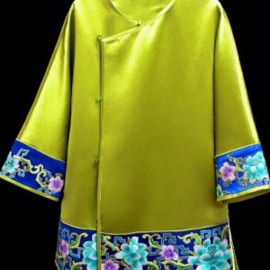 綠色軟緞藍色手繡中式花邊上衣 | Blue Green Soft Satin Hand-Embroidered Chinese Floral Jacket