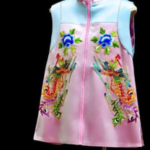 粉藍拼色手繡彩色鳳凰花拉環馬甲 | Pink Blue Hand-Embroidered Phoenix Vest