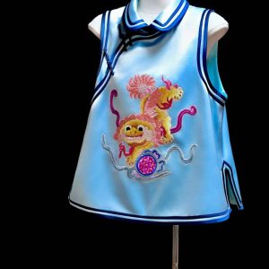 湖藍色手繡金色獅子鳳仙領馬甲 | Lake Blue Blue Gold Hand-Embroidered Lion Vest