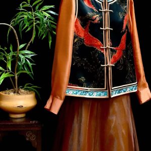 黑色香雲紗紅色鳳凰中式花邊馬甲 | Black Red Xiangyun Silk Phoenix Chinese Floral Vest
