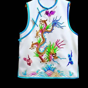 白色手繡彩色金絲龍紋馬甲 | White Hand-Embroidered Dragon Motif Vest