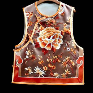 棕色橘紅邊手繡橘白漸變花馬甲 | Orange Red Brown Hand-Embroidered Vest