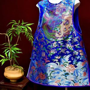 藍色雲錦手繡龍鳳中式花馬甲 | Blue Brocade Hand-Embroidered Dragon and Phoenix Chinese Floral Vest