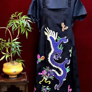 黑色軟緞暗花手繡龍紋花背帶裙 | Black Soft Satin Hand-Embroidered Dragon Motif Subtle Jacquard Pinafore Dress